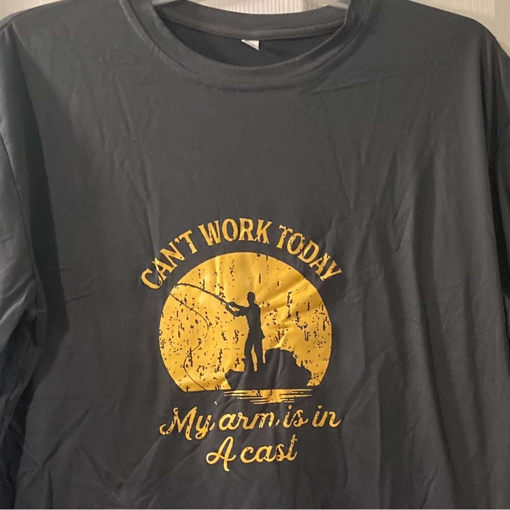 “arms in a cast.” men’s fishing T-shirt